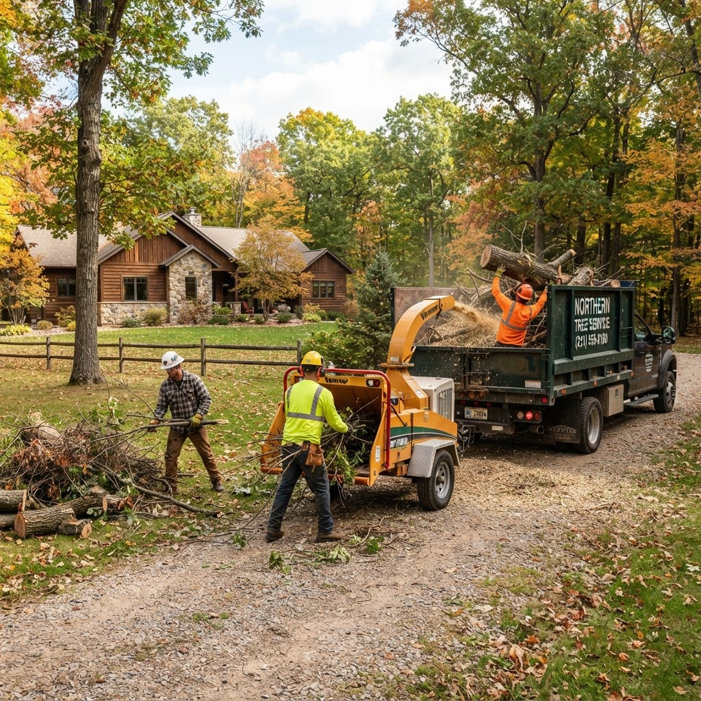 Crew loading branches, logs, and yard debris into a dump truck after tree work in Gaylord, Michigan
