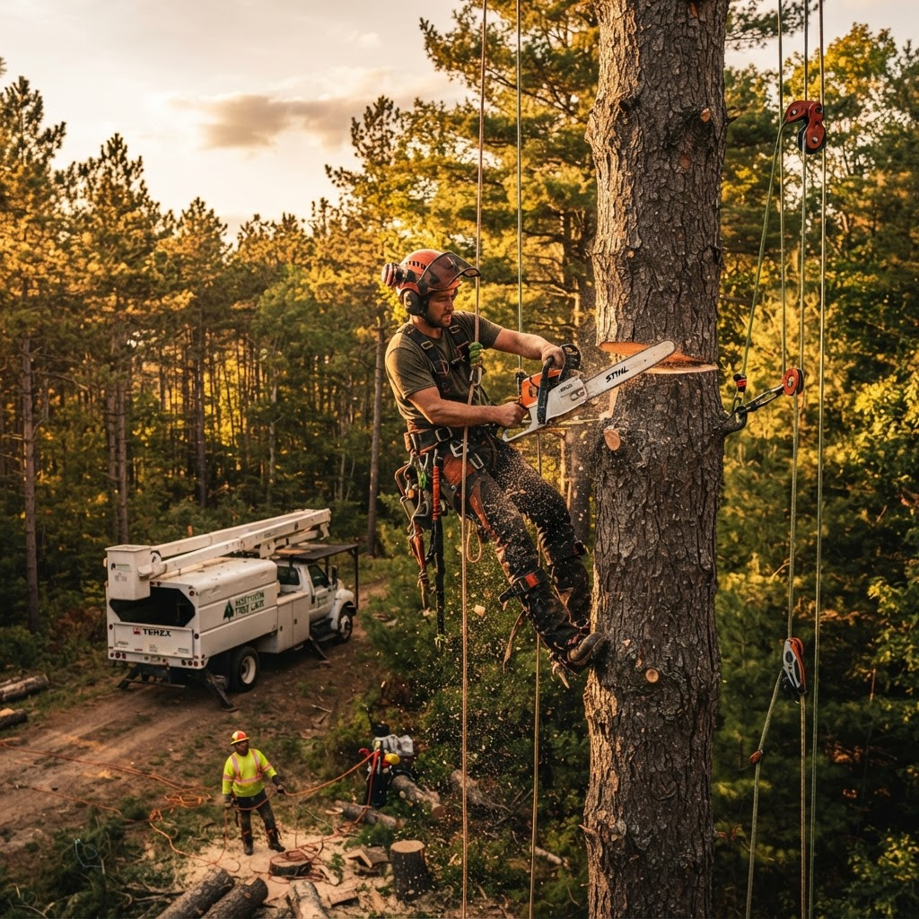 Certified arborist climbing and removing a large tree in a Northern Michigan forest near Gaylord