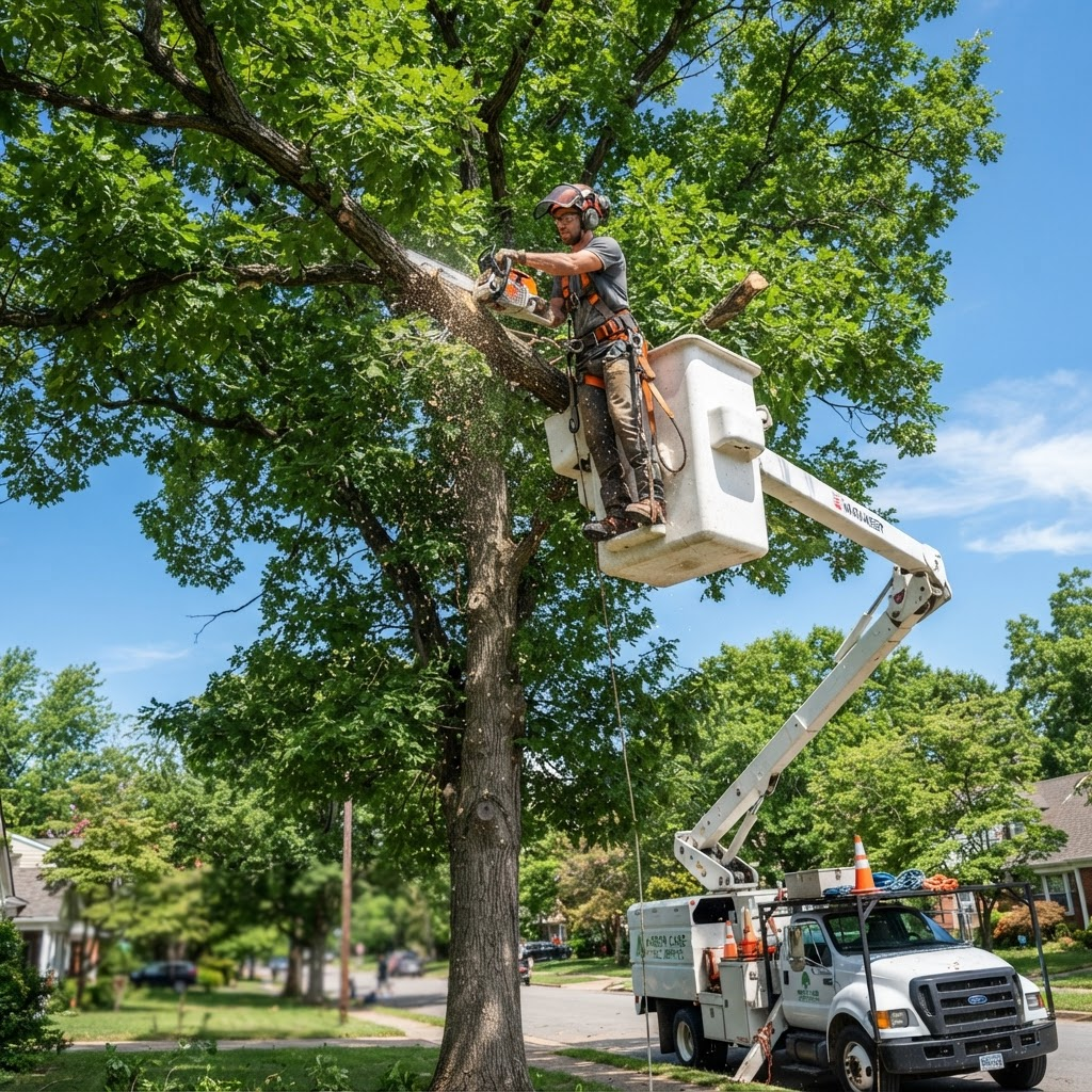 Arborist in a bucket lift trimming and pruning tall tree branches in Otsego County, Michigan